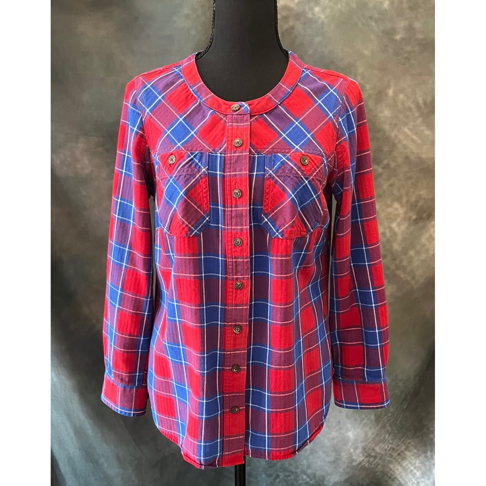 Duluth Trading Co. Women's XS‎ Plaid Button-Down Shirt Roll-Tab Sleeves Red Blue